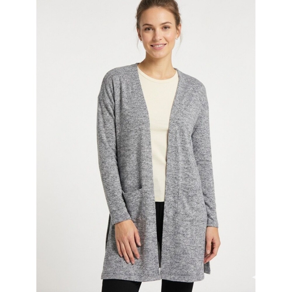 Inspired Hearts Gray Marl Longline Cardigan Sweater Open Front Pockets Small